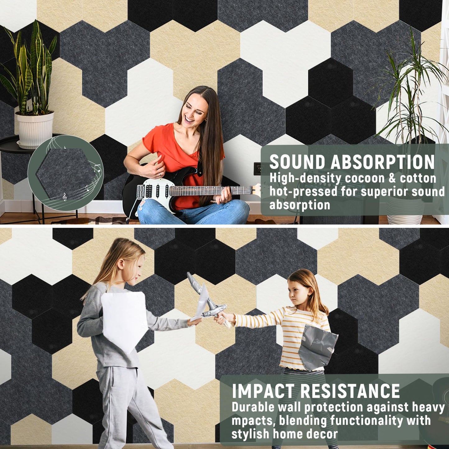 16Pcs Hexagon Felt Cork Board Tiles Self Adhesive Hexagon Wall Tiles with 60 Push Pins 20 Wooden Clips DIY Bulletin Board Pin Boards for School Office Home Photos Memos Display (Black Grey)