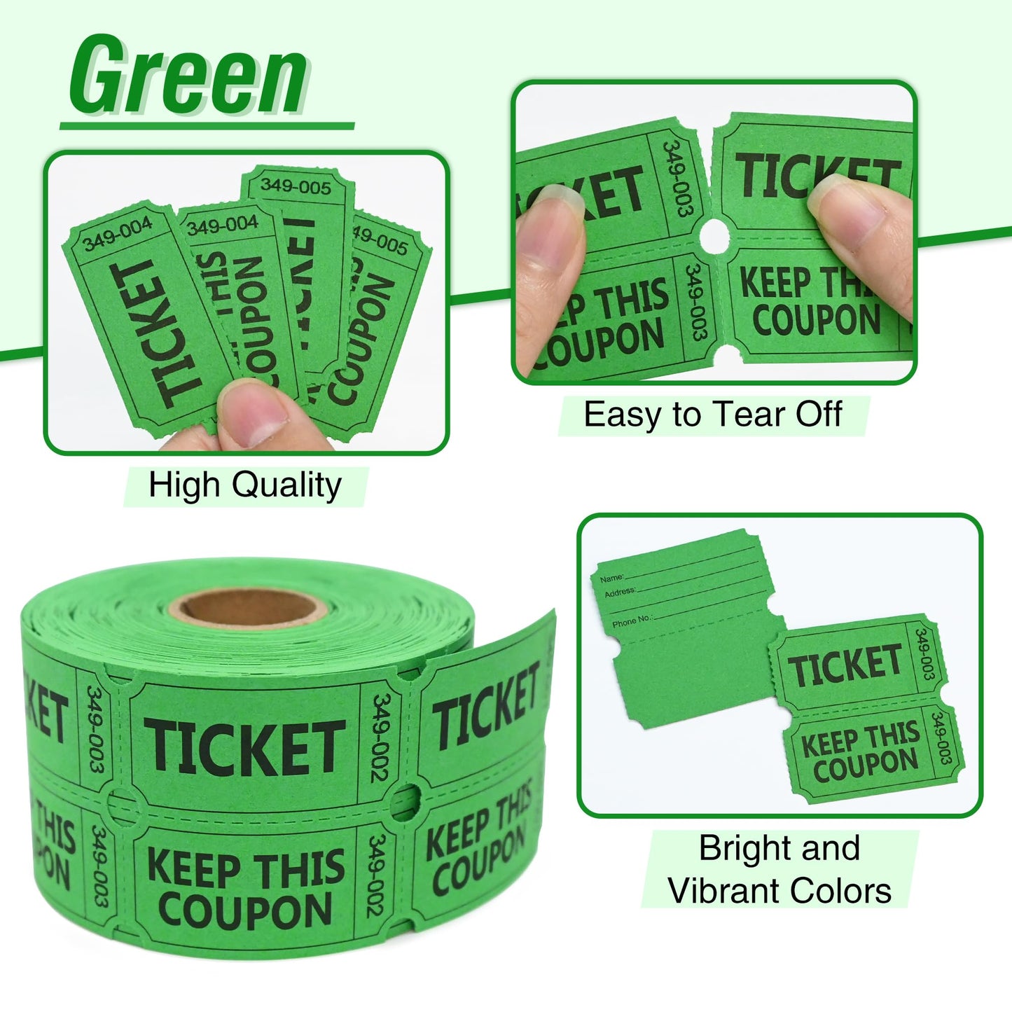 ESSENTIAL 2000 Raffle Tickets Double Roll, Raffle Tickets Roll with Name and Phone Number, for Raffle, Events, Classroom, Entry, Class Reward & Door Prize - Blue/Yellow/Red/Green