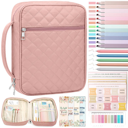 XKDOUS Quilted Bible Cover Case with Bible Study Accessories Kit, Waterproof Large Capacity Bible Bag for Women Men, Portable for Church Study, Multiple Morandi Color Options (Pink)