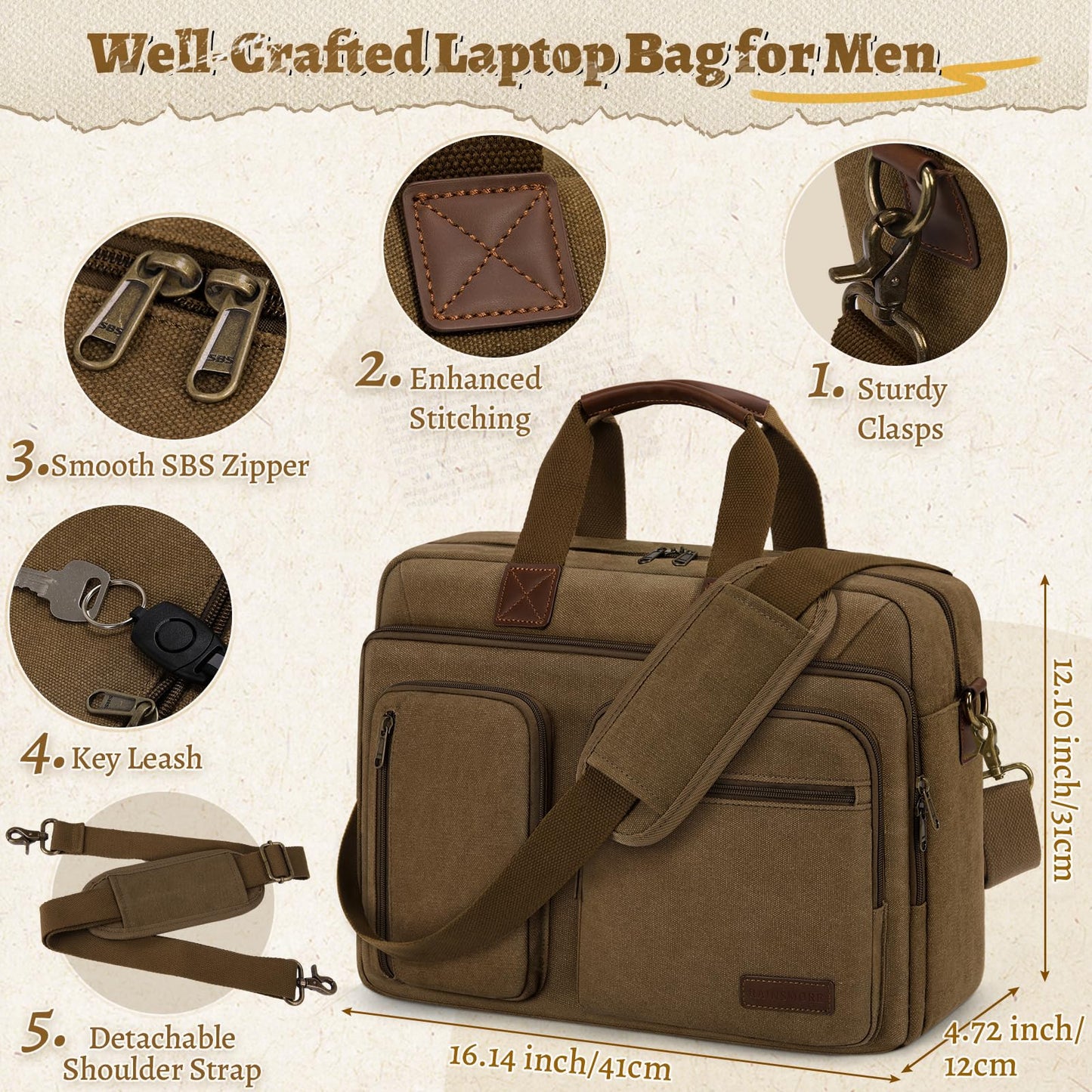 Mens Laptop Messenger Bag 15.6 Inch Canvas Briefcase Waterproof Vintage Computer Bag Shoulder Bag Satchel Bags for Work College Travel