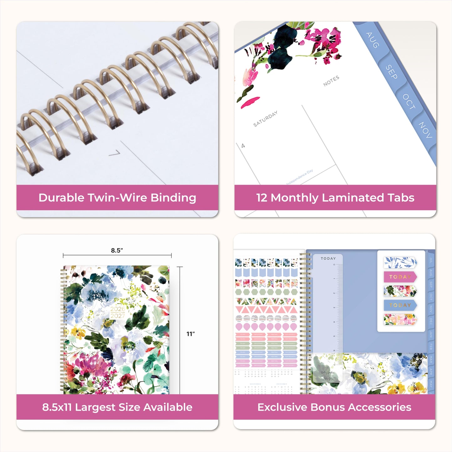 Blue Sky Kelly Ventura 2026-2027 Weekly and Monthly Academic Year Student Planning Calendar, July 2026 - June 2027, 8.5" x 11", Flexible Cover, Wirebound, Laminated Tabs, Storage Pocket, Magnetic & Snap In Book Marks, Includes Stickers, Blooming