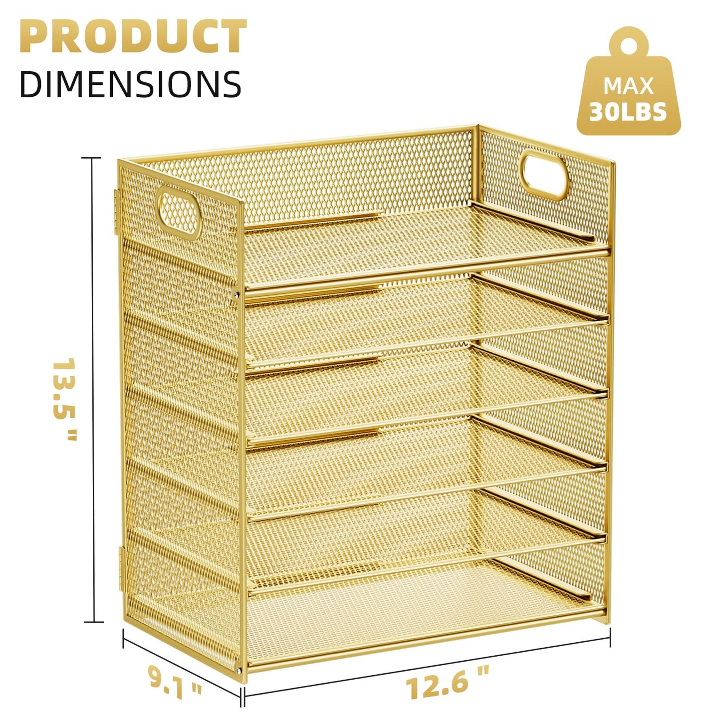 Marbrasse 2 Pack Desk Organizer with Handle, 6 Tier Paper Letter Tray, Mesh Desk File Organizer for Office, School and Home - Gold