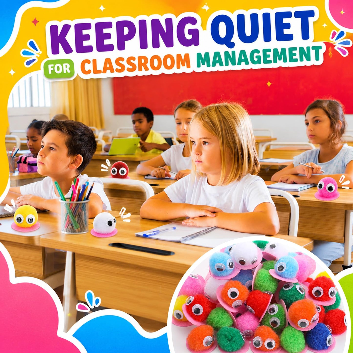 Soulchen 50 Pack 1'' Multicolor Pom Poms Critters with Plastic Jar Quiet Critters Classroom Management, Behavior Classroom Management Tool, Homeschooling, Educational and Learning Activities for Kids