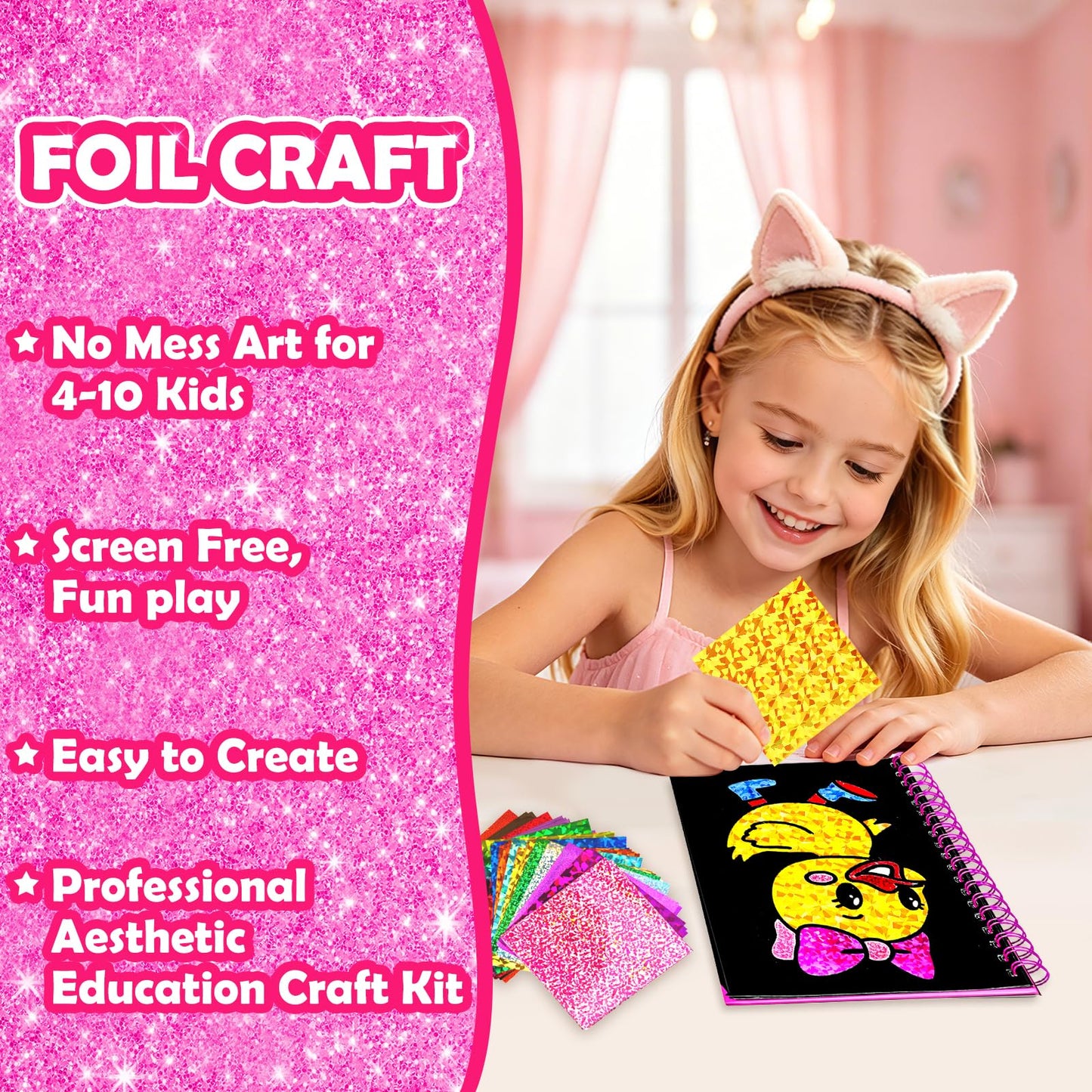 FUNNYB&G Foil Art Craft Kit for Girls 4-10 Years Old: Mess-Free & No-Glue, Create 16 Sparkly Cute Pet Pictures – Perfect Travel Toy & Birthday Gift for Kids（Cute Pet）