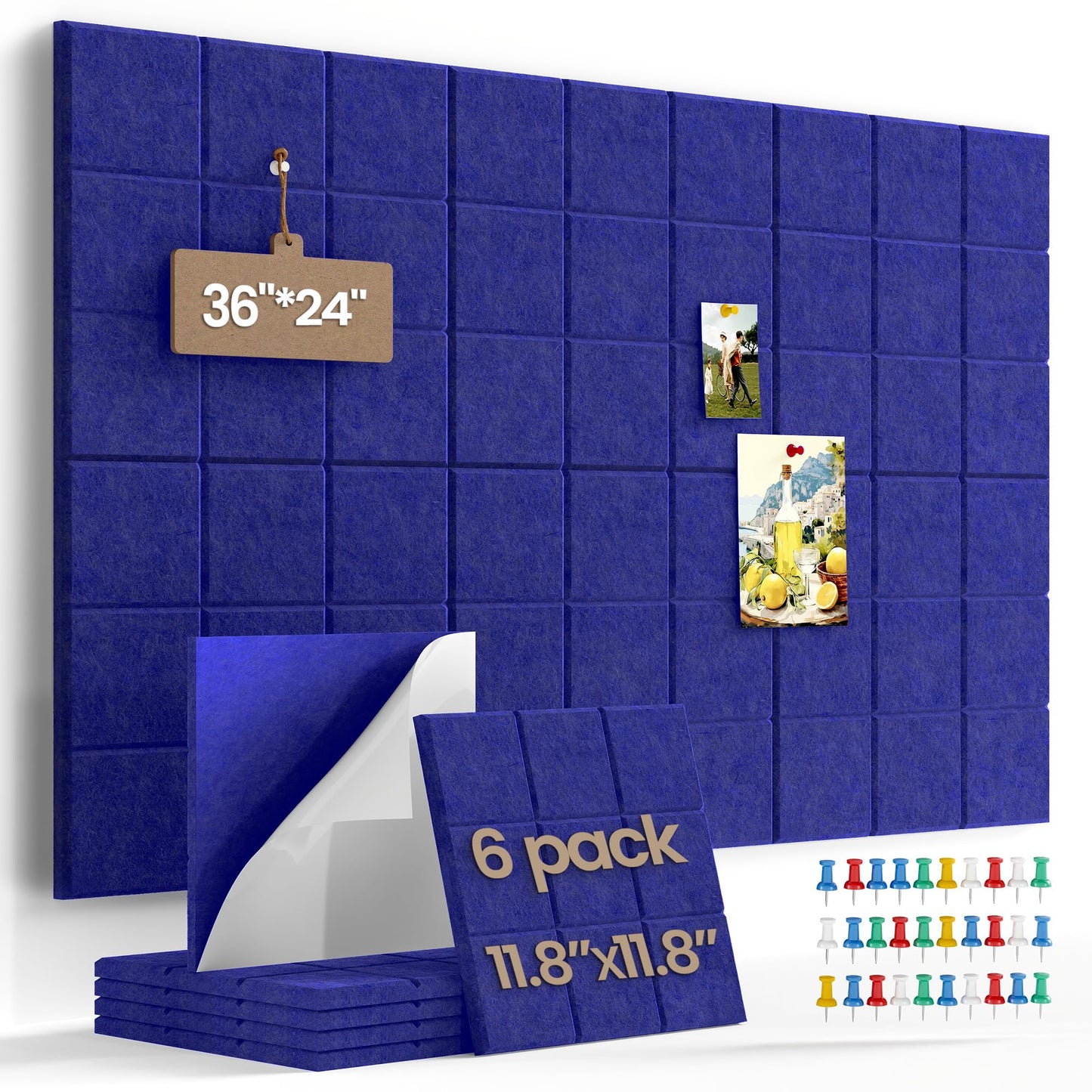 Uoisaiko Large Felt Board Tiles for Wall with 30 Push Pins, 11.8"x11.8" Pack of 6 Pin Board Notice Boards for Home Office Kitchen, Bulletin Board Wall Tiles for Photos Memos (Dark Blue, 6 Pack)