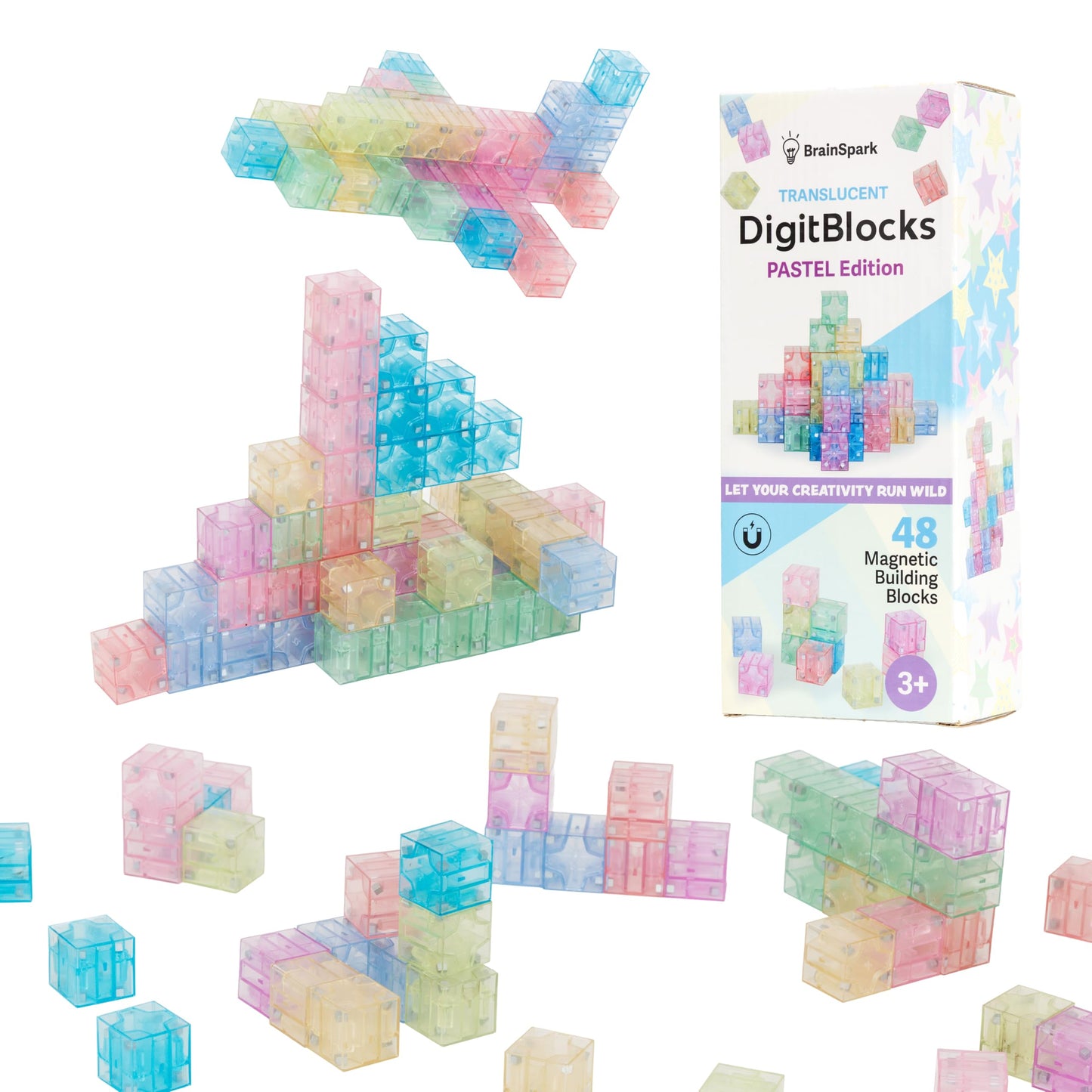 48PCS Pastel Translucent DigitBlocks Magnetic Building Blocks for Kids Montessori STEM Toys for Boys Girls Ages 3-9 Includes Carrying Bag Idea Book Clear Magnet Cubes for Educational Learning Fun