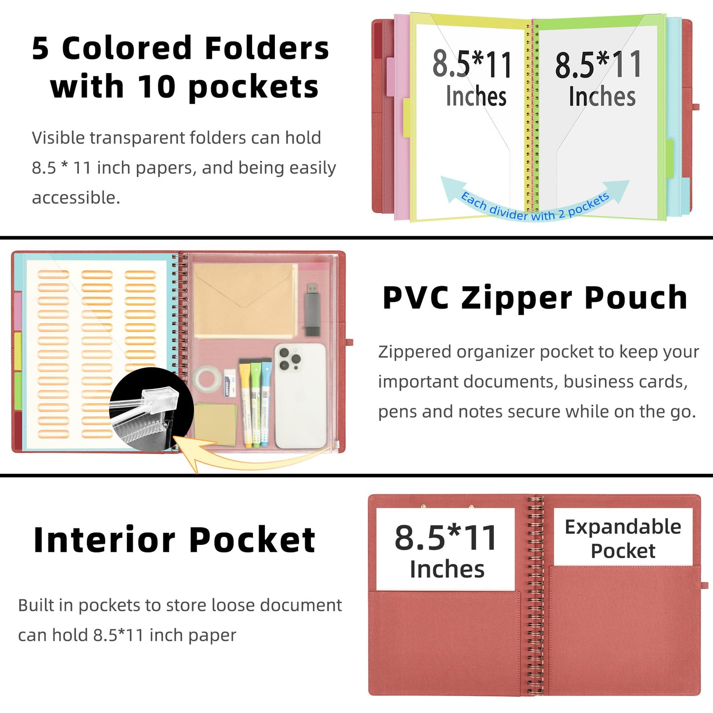 Ospelelf Red Foldable Spiral Clipboard Folio with Storage Zipper Pouch, 5 Plastic Folders with 10 Pockets, Refillable Lined Notepad (11" x 8.5"), Linen Hardcover Project Organizer