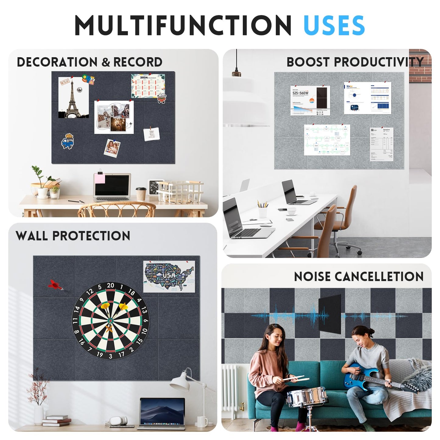 Large Cork Bulletin Board for Wall 36"x24", 6 Pack Felt Wall Tiles with 50 Pushpins, 30 Safe Removable Adhesive Tabs, Decorative Pin Board Tack Board for Office Home School, Purple