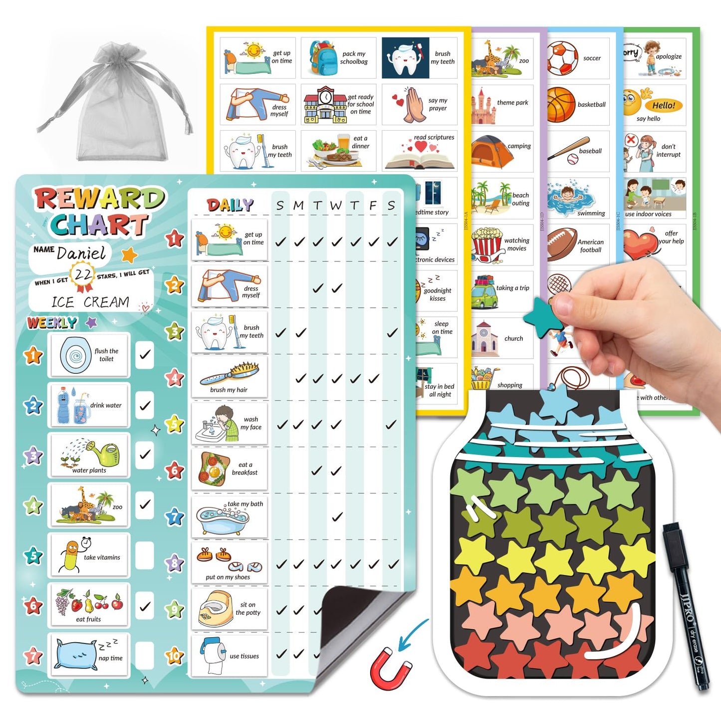 JJPRO Magnetic Reward Chart for Kids with Reward Jar- Behavior Reward Chart System, Toddlers Daily Routine,Weekly Chore Chart,96 Reusable Stickers& 45 Star Tokens to Motivate Responsibility-Blue