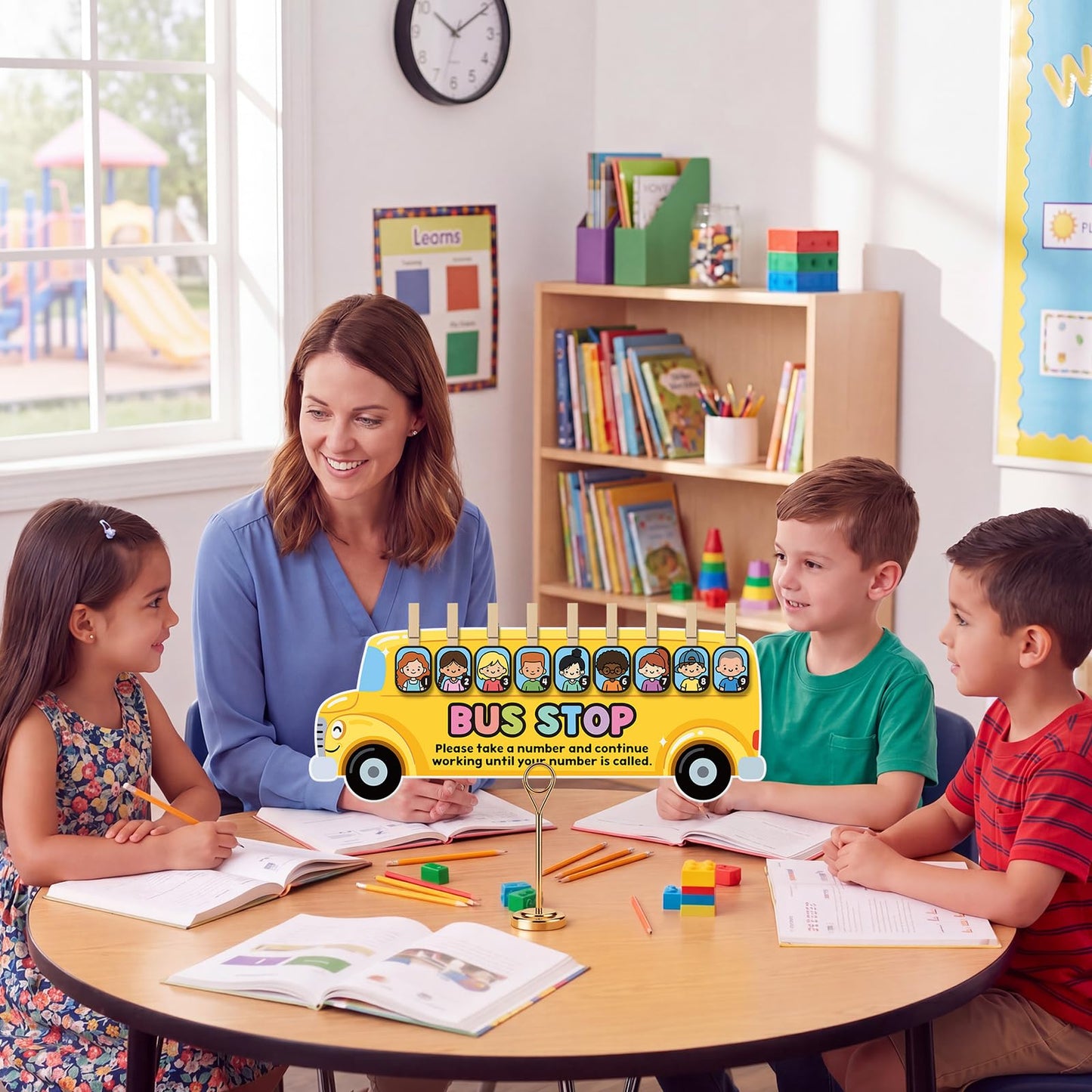 Tinlade School Bus Classroom Management Tools Teacher Waiting Room Sign Girl Style Waiting Room Numbers Classroom Set with Wooden Clips for Back to School Elementary Teacher Supplies