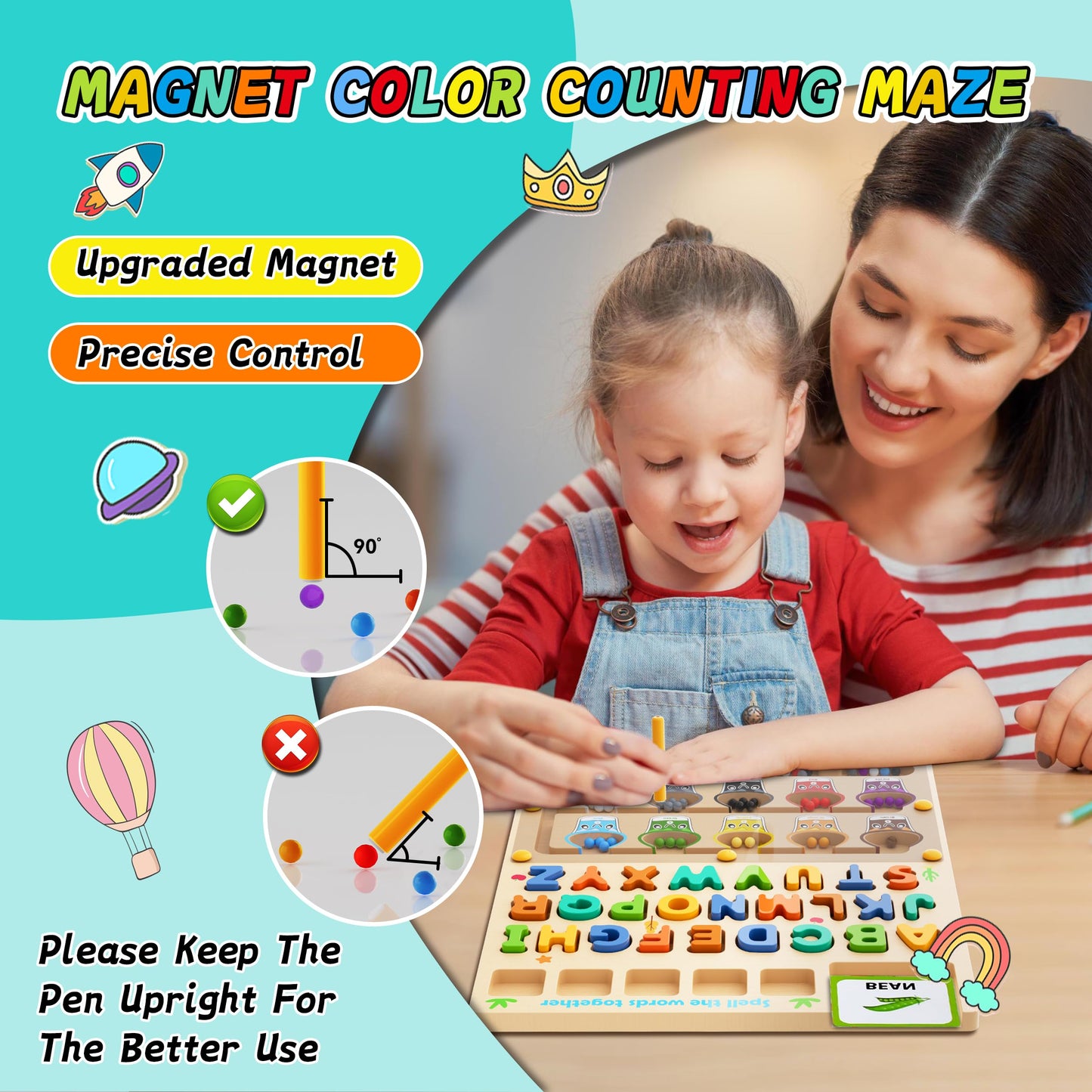 LIOKLICK 3 IN 1 Double Sided Montessori Toys- Magnetic Color and Number Maze, Toddler Wooden Alphabet Puzzles, Dry Erase Board, Preschool Learning Activities Toys for 3 4 5 6 Years Old Kids Girls Boys