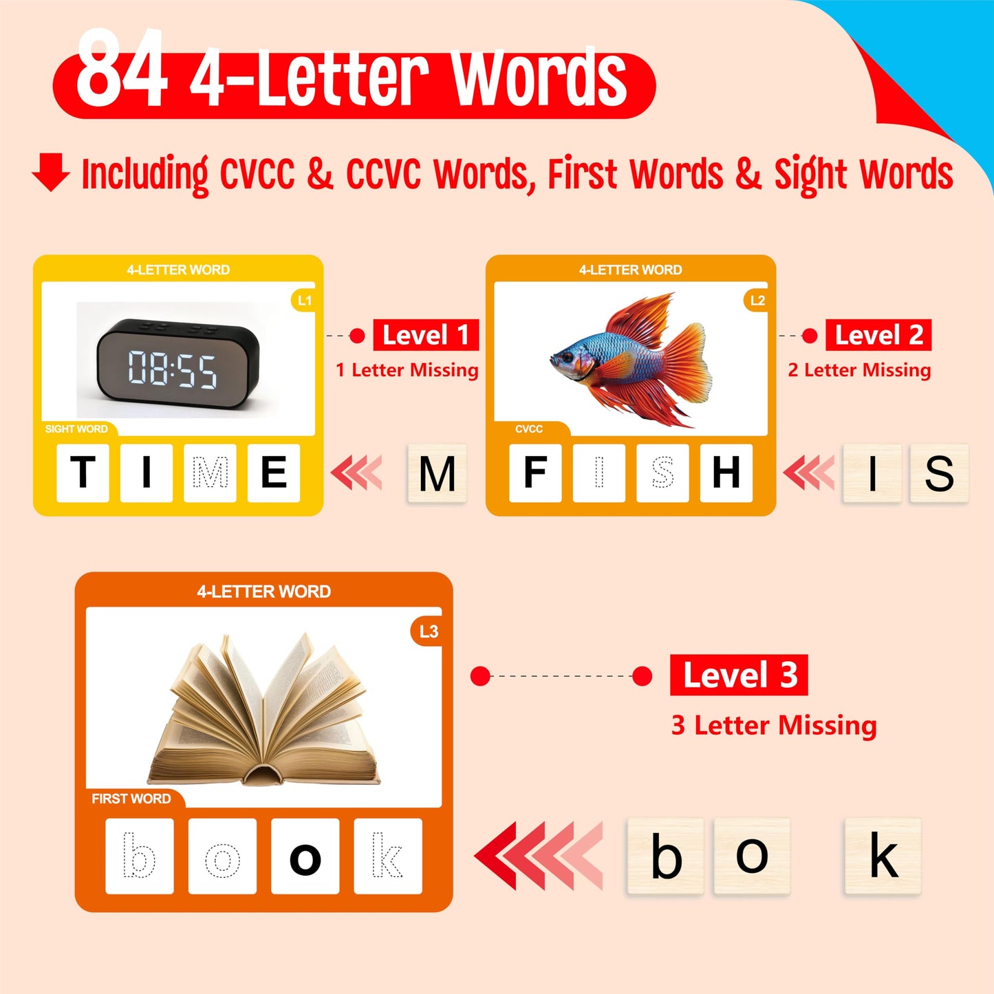 Word Spelling Game, 312 Wooden Letters Tiles & 300 Common Words for - CVC, CVCC, CCVC, Sight Word & First Word Learning, Montessori Early Educational Tool for Kids 4-9, Autistic Toys for Grades 1-3