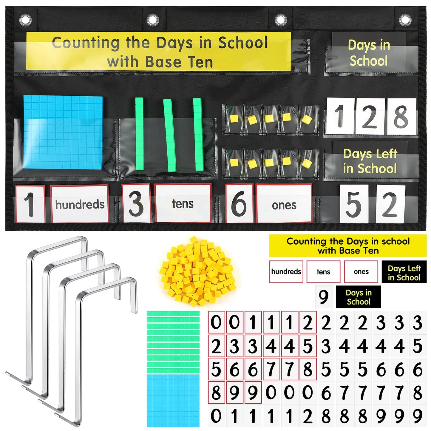 Resurhang Back to School Counting the Days with Base Ten Pocket Chart Place Value, Counting Caddie Pocket Chart for Classroom Bulletin Board School or Home Decor, 4 Hooks(Black,Classic Style)