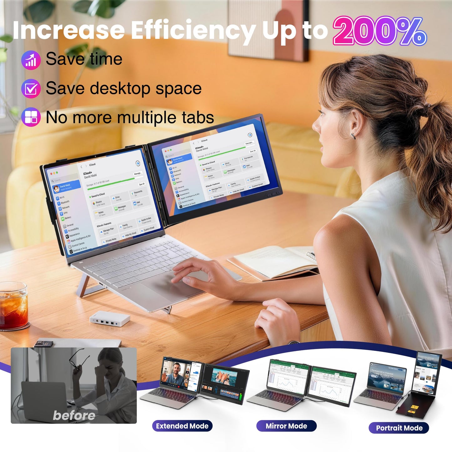 CIDETTY Laptop Screen Extender 0.27" Ultra-Thin, 14" Dual Portable Monitor FHD 1080P IPS, USB-C/HDMI Plug & Play Travel Screen for 13-17" Laptops, Compatible with Wins/Mac/Chrome/Switch/Android