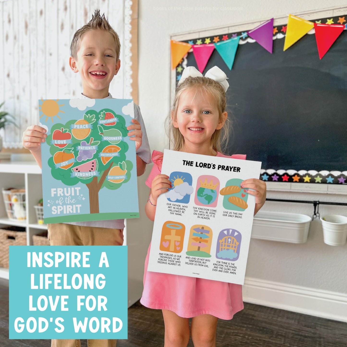 Hadley Designs Sunday School Decorations for Classroom –9 Bible Posters for Kids, Books of the Bible, 10 Commandments, Bible Timeline Chart, Fruits of the Spirit, Pastel Christian Classroom Decor