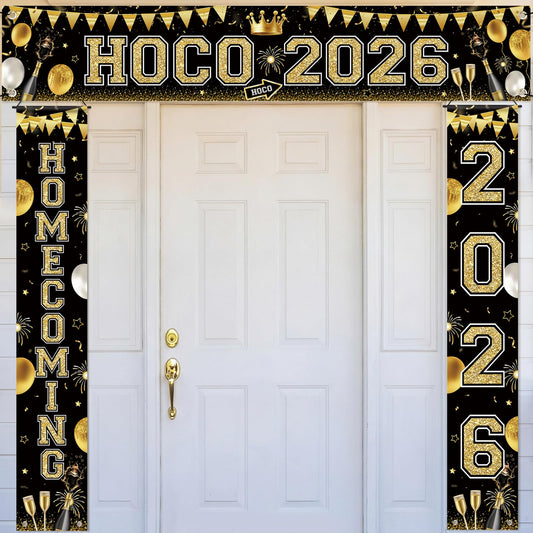 Fanfanwin 3 Pcs Hoco 2026 Banner Decorations for Hoco Party 2026 Black and Gold Homecoming 2026 Banner Yard Decorations for Homecoming Dance Party Background Supply
