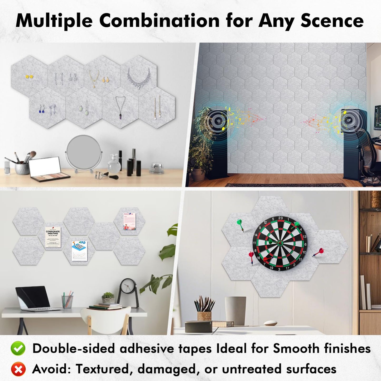 ANLIOTE 8-Pack Hexagon Felt Cork Board, 1/2" Thick Felt Bulletin Pinboard with 80 Push Pins, Adhesive Tabs, Geometric Cork Wall Tiles for Photos, Memos, Home & Office Decor (Light Grey)