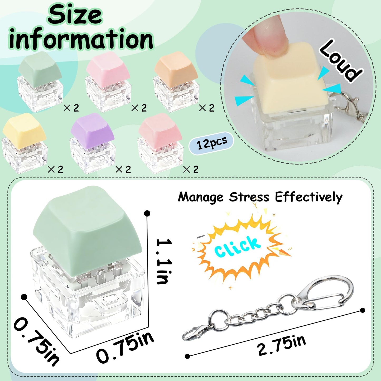 12 Pcs Macaron Keyboard Fidget Toy for Kis Adult to Relief Stress, Fidget Keychain Keyboard Decompression Button Finger Clicker Toys, Button Stress Relief Fidget Gifts Birthday Party Favors