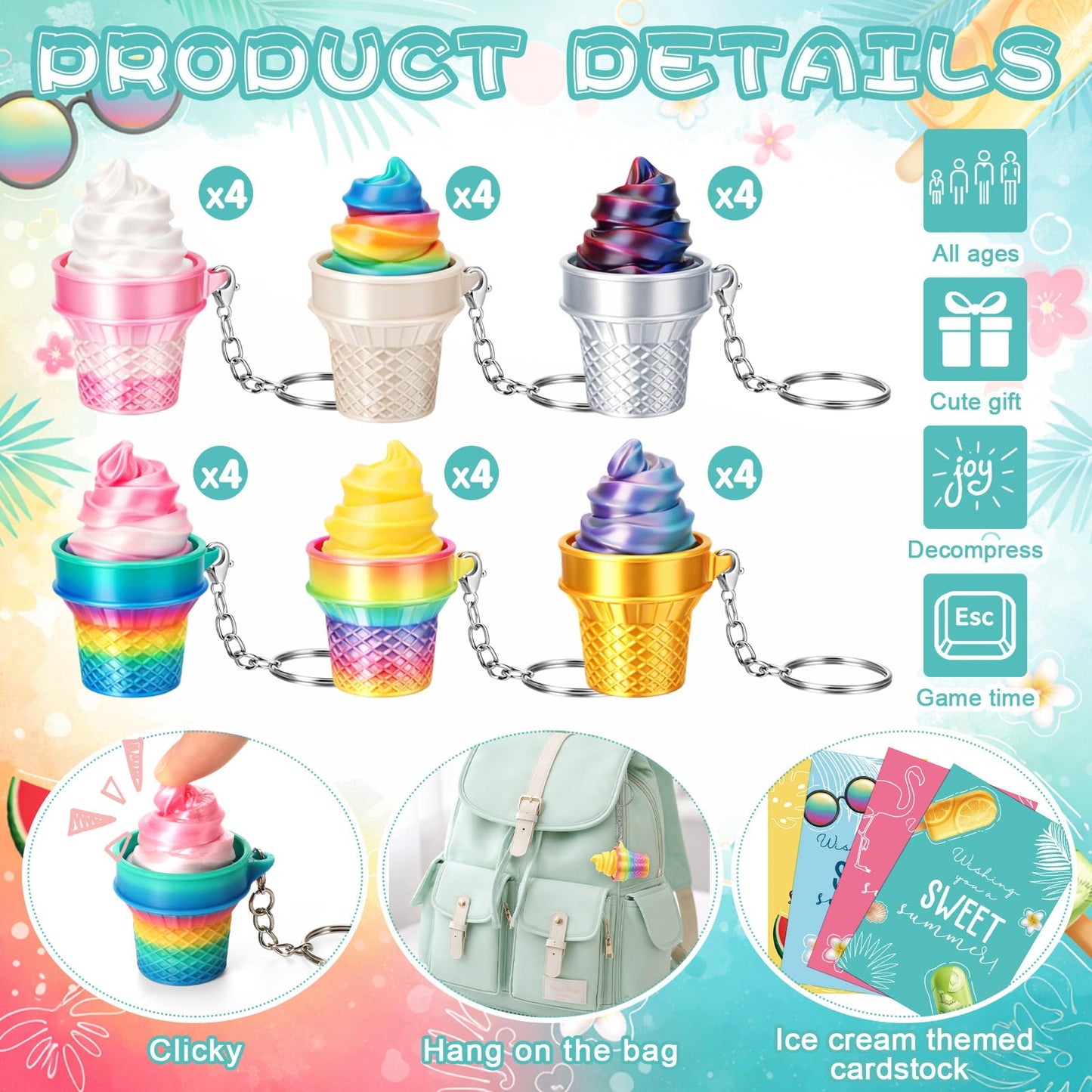 Junkin 24 Sets Ice Cream 3D Clicker Fidget Keychain with Inspirational Cards – Stress Relief Party Favors Bulk Graduation Gifts for Adults Graduates Coworkers Summer Ice Cream Party Favors