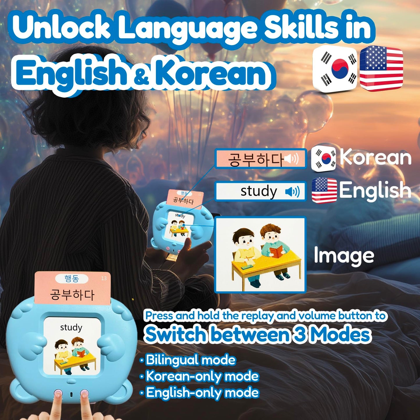MoLingvora Bilingual Talking Flash Cards for Kids - Korean English Flashcards Children Adults, 510 Sight Words, ABC Alphabet, Pocket Speech for Toddlers, Audible Sensory Toys (Korean, Blue)