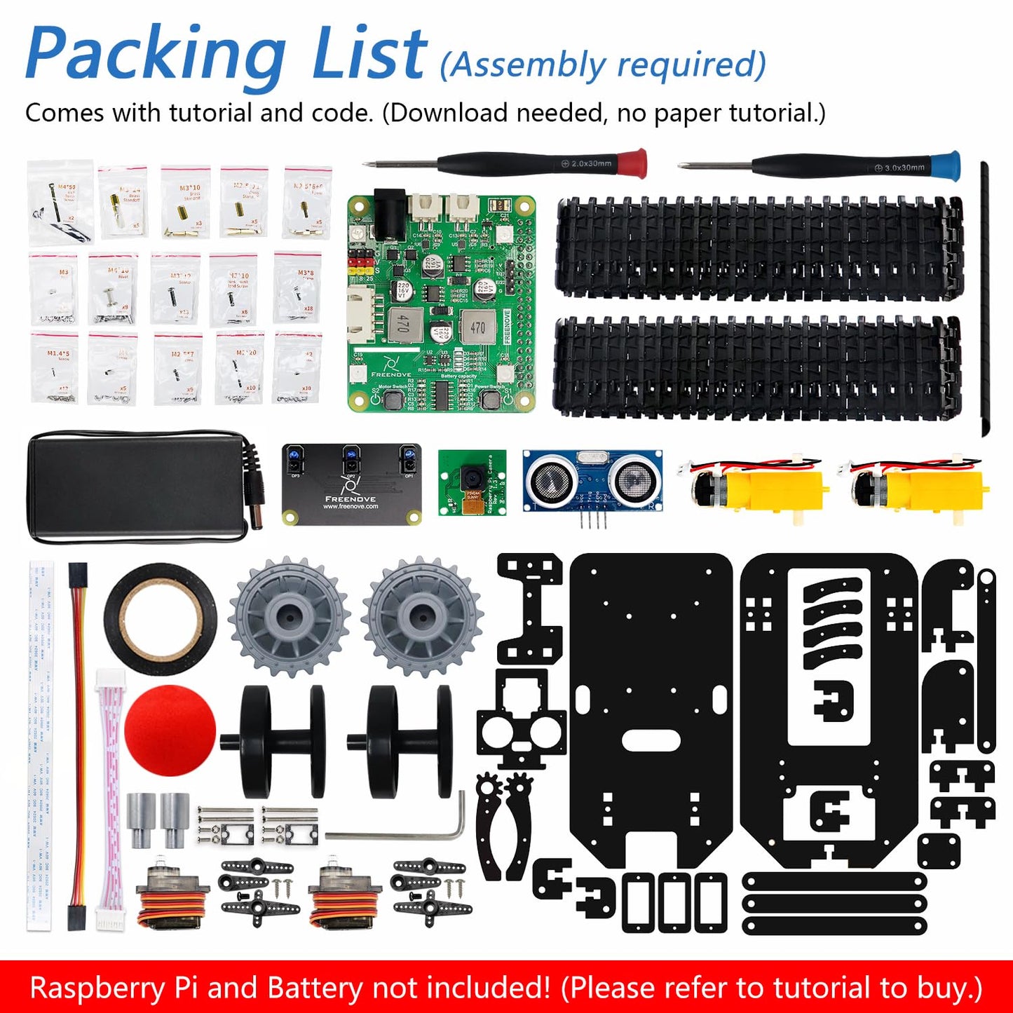 Freenove Tank Robot Kit for Raspberry Pi 5 4 B 3 B+ Zero 2 W, Crawler Chassis, Grab Objects, Ball Tracing, Line Tracking, Obstacle Avoidance, App Control, Camera, Servo (Raspberry Pi NOT Included)