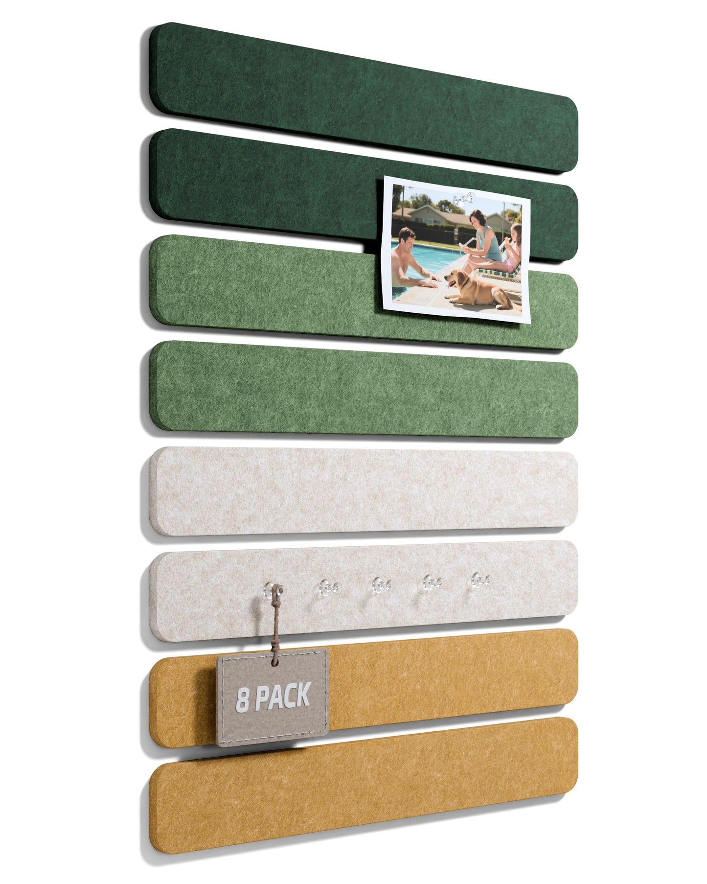 Fluxynara Cork Board Alternative Felt Strip Board 8-Pack 13"x2", Office Pin Board with 50 Push Pins, Adhesive Install for Bedroom Door & Home Office (Moss Glimmer)