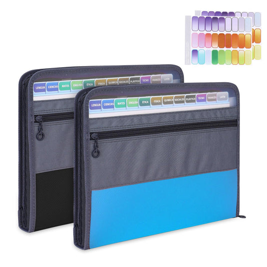 MEGREZ Expanding File Folder with 13 Pockets, 2 Pack A4 Paper File Folder with Zipper Color Labels, Waterproof Accordion File Folders Organizer for Home Office, Blue & Black