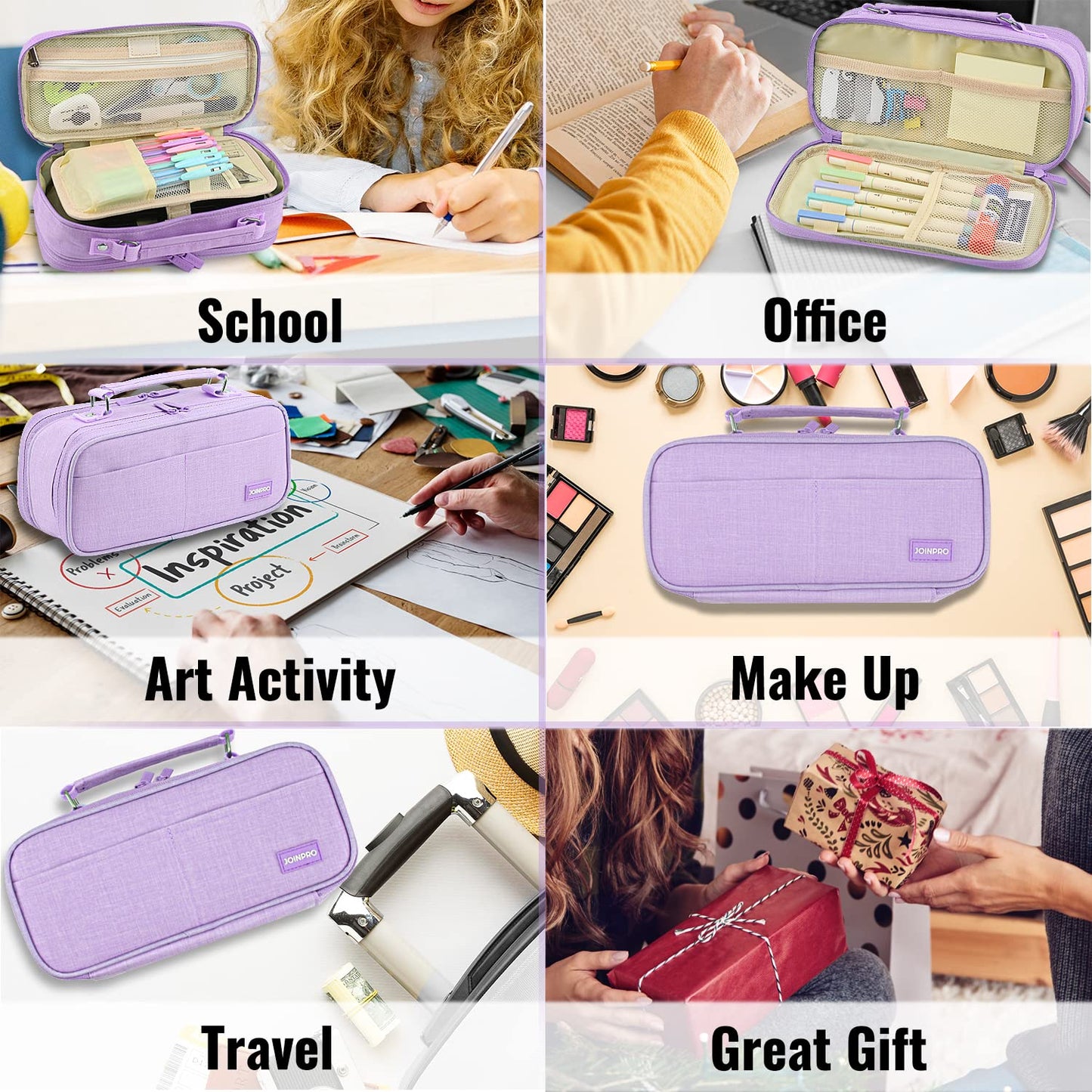 JOINPRO Large Capacity Pencil Case, 4 Compartment Pen Pouch Organizer with Double Zipper, Storage Bag for School, Office, Teen Girl Boy Men Women (Purple)