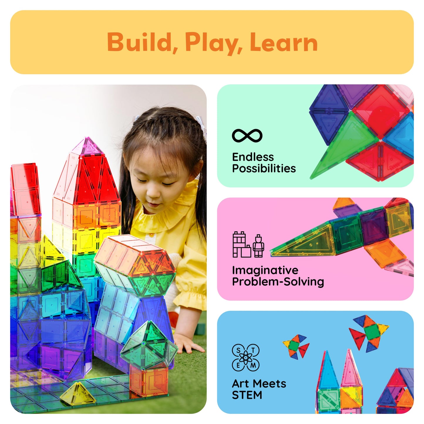 PicassoTiles 60 Piece Set 60pcs Magnet Building Tiles Clear Magnetic 3D Blocks Construction Playboards - Creativity Beyond Imagination, Inspirational, Recreational, Educational, Conventional