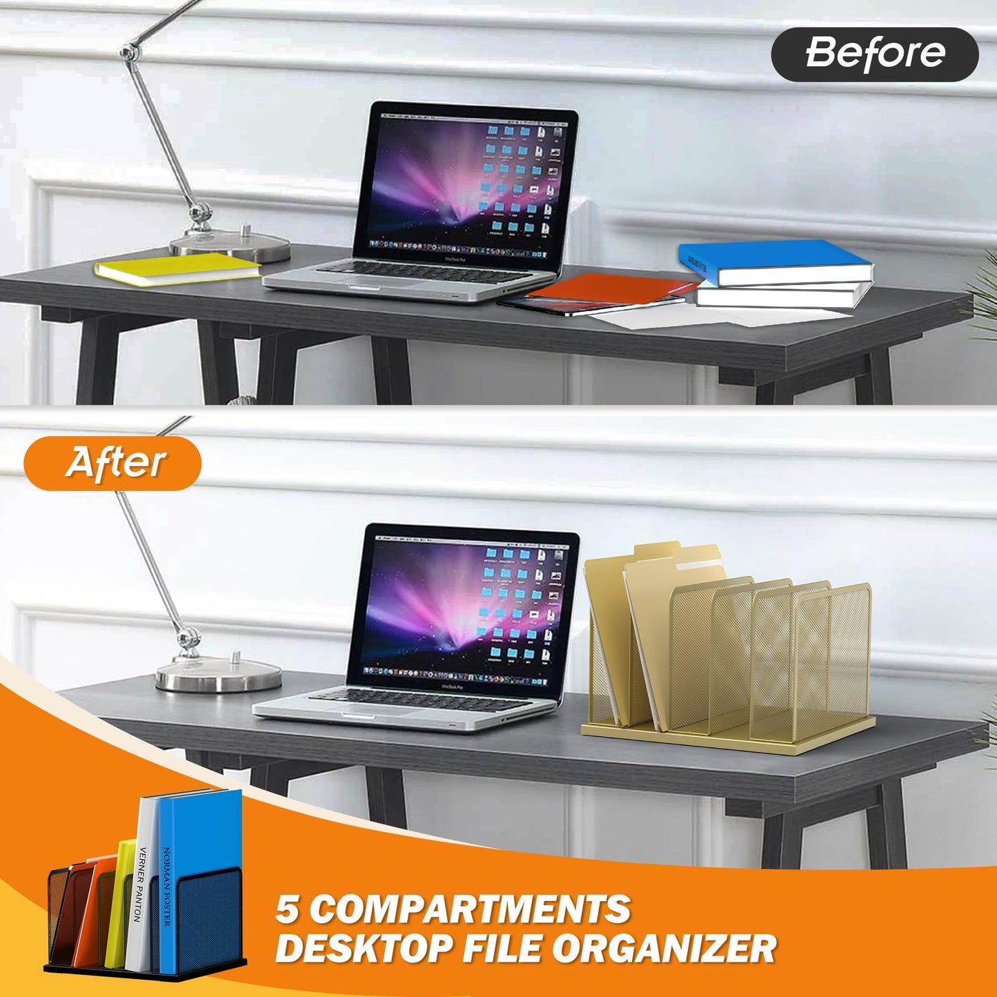 Kuntine.B Desk File Organizer Upright Mesh Desktop Organizer File Sorter Office Organization File Holder for Home, Office & Classroom (Gold, 1 Pack 5-Section)