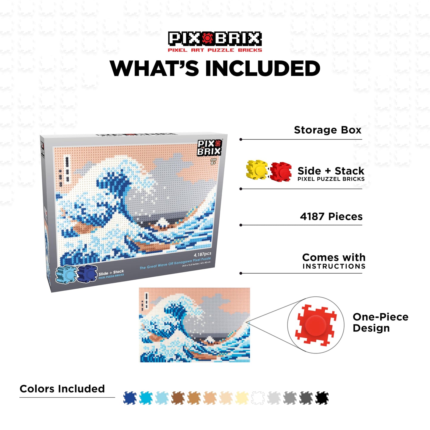 Pix Brix Pixel Art Puzzle Bricks - The Great Wave Off Kanagawa Pixel Puzzle, 4,187 Pieces - Patented Colorful Building Bricks to Recreate This Famous Print, Create Builds Without Water, Iron or Glue