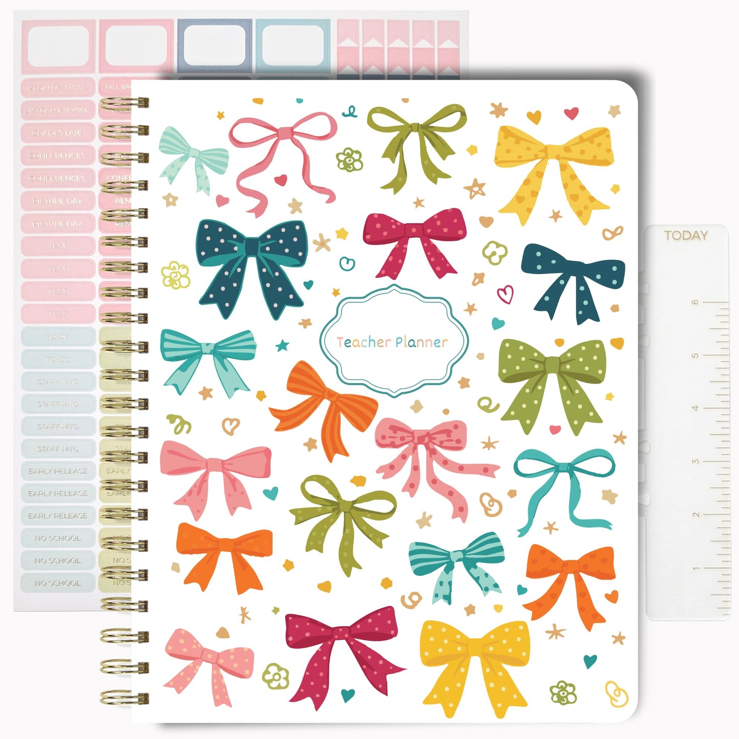 Undated Teacher Planner 8.5 x 11-12 Months & 52 Weeks | Colorful Ribbons Cover | Monthly & Weekly Lesson Plan Book with Stickers, Storage Pocket & Snap-In Bookmark | Classroom Organizer
