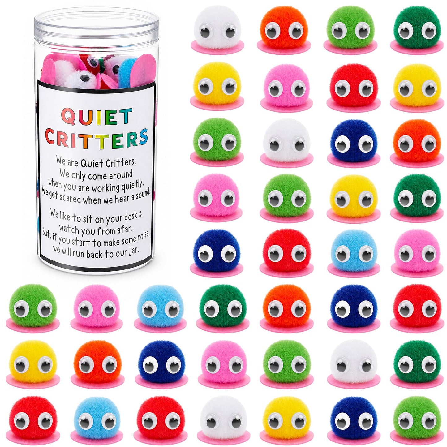 Soulchen 50 Pack 1'' Multicolor Pom Poms Critters with Plastic Jar Quiet Critters Classroom Management, Behavior Classroom Management Tool, Homeschooling, Educational and Learning Activities for Kids