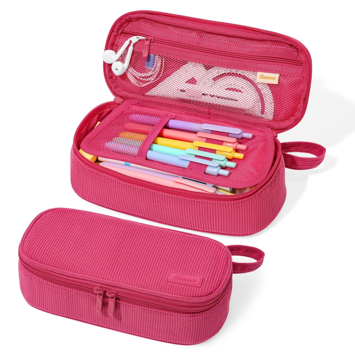 SUNEE Cute Pencil Case, Large Capacity Pencil Pouch, Soft Corduroy Pencil Bag, Big Storage Pen Organizer for Stationery, Aesthetic Pencil Box, Back to School Supplies for Teen Girls Boys, Berry Pink