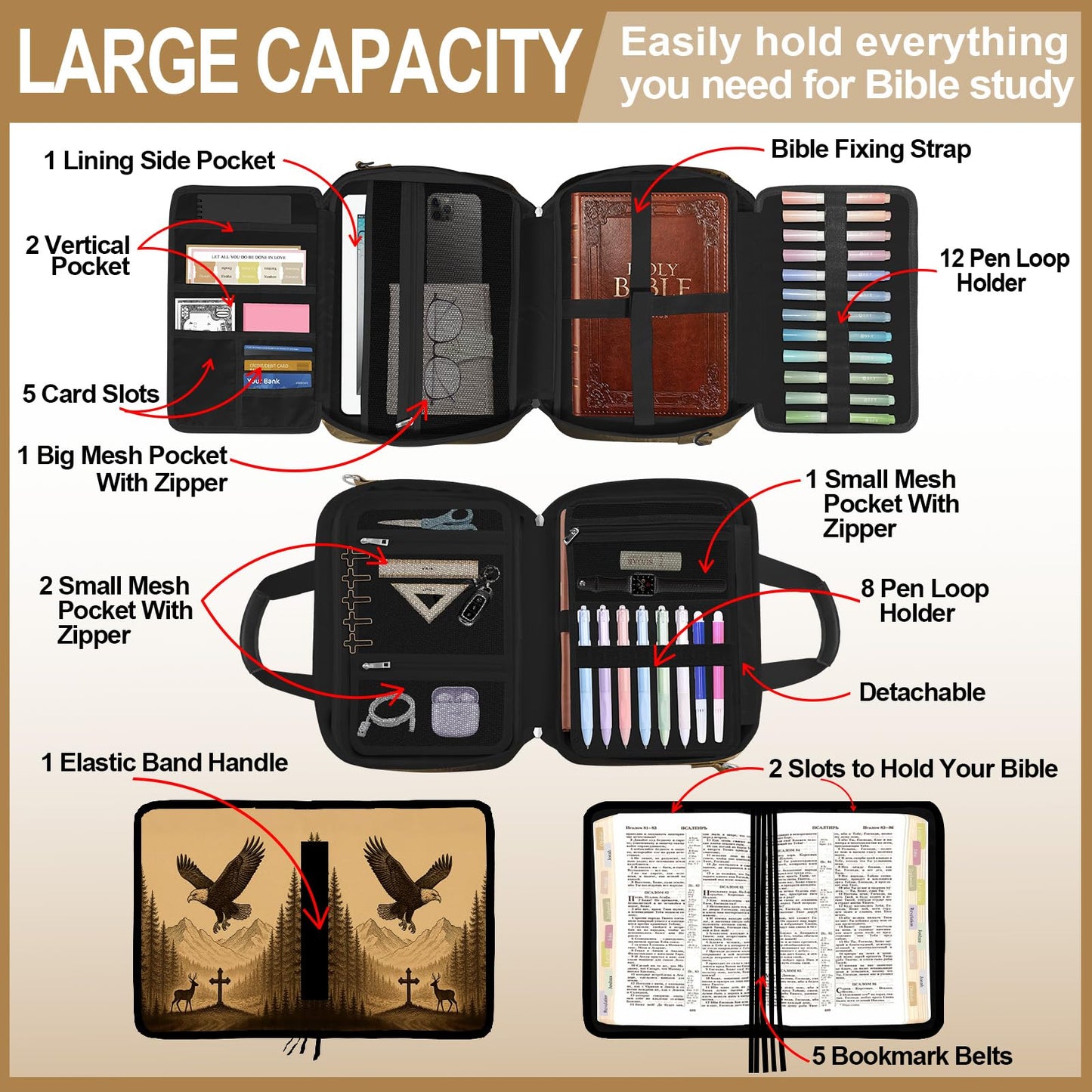IBOVODI Eagle Large Bible Bag with Bible Cover Case for Men Women, Church Bag Book Carrying Case w/Shoulder Strap Handle Zipper Pocket, Bible Study Supplies Journaling Kit Accessories Christian Gift
