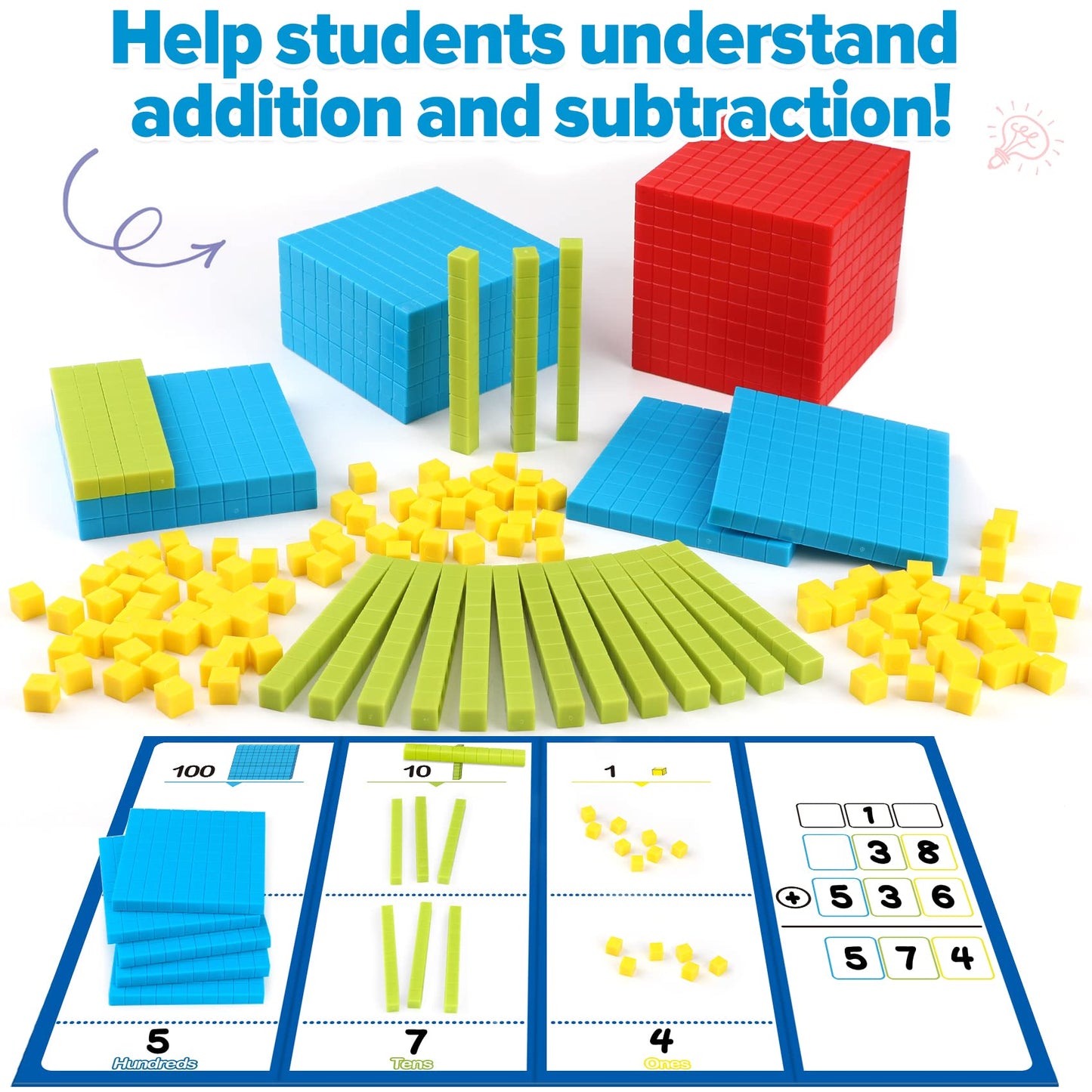 Torlam 131 PCS Base Ten Blocks - Place Value Blocks, Plastic Base 10 Math Manipulatives for 1st Grade, Addition and Subtraction Games Math Counters and Cubes for Kids