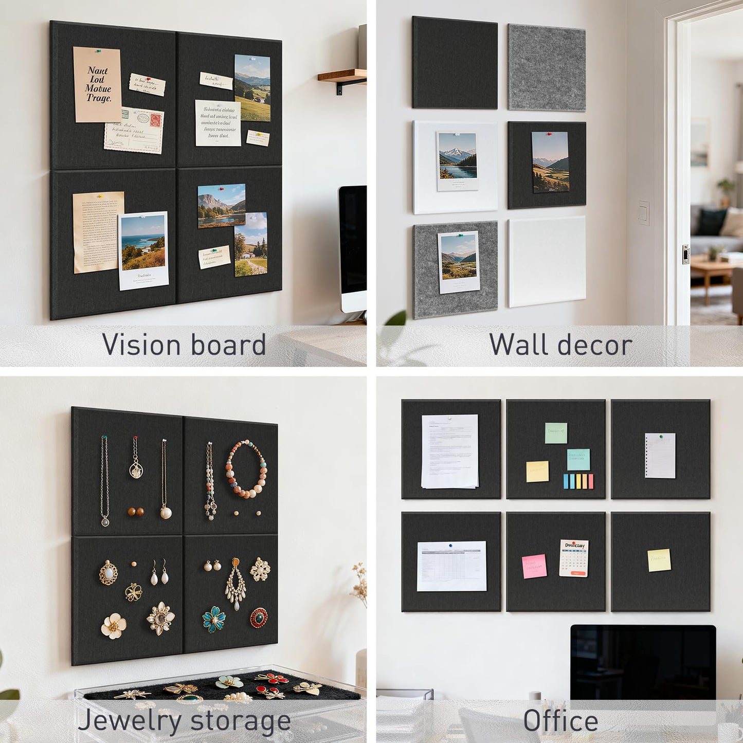 QUEENLINK Large Felt Bulletin Board 48"x36", 12-Pack, Cork Board Alternative with 48 Removable Adhesive Tabs, Felt Wall Tiles Pin Board Tack Board for Home Office Wall Decor, Black