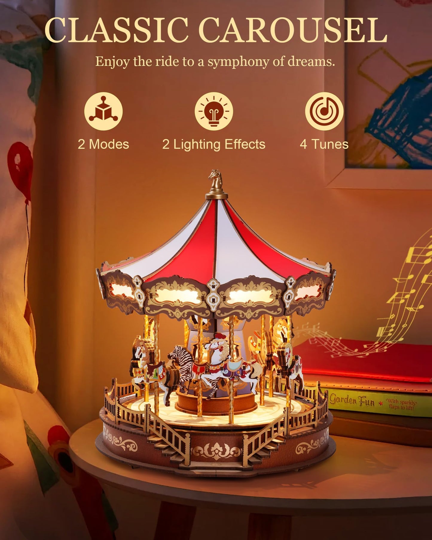 Rolife DIY 3D Wooden Puzzle for Adults, Classic Carousel Wood Puzzle Music Boxes, for Princess Girls Teens, Creative Hobbies Crafts Toys Model Building Kits
