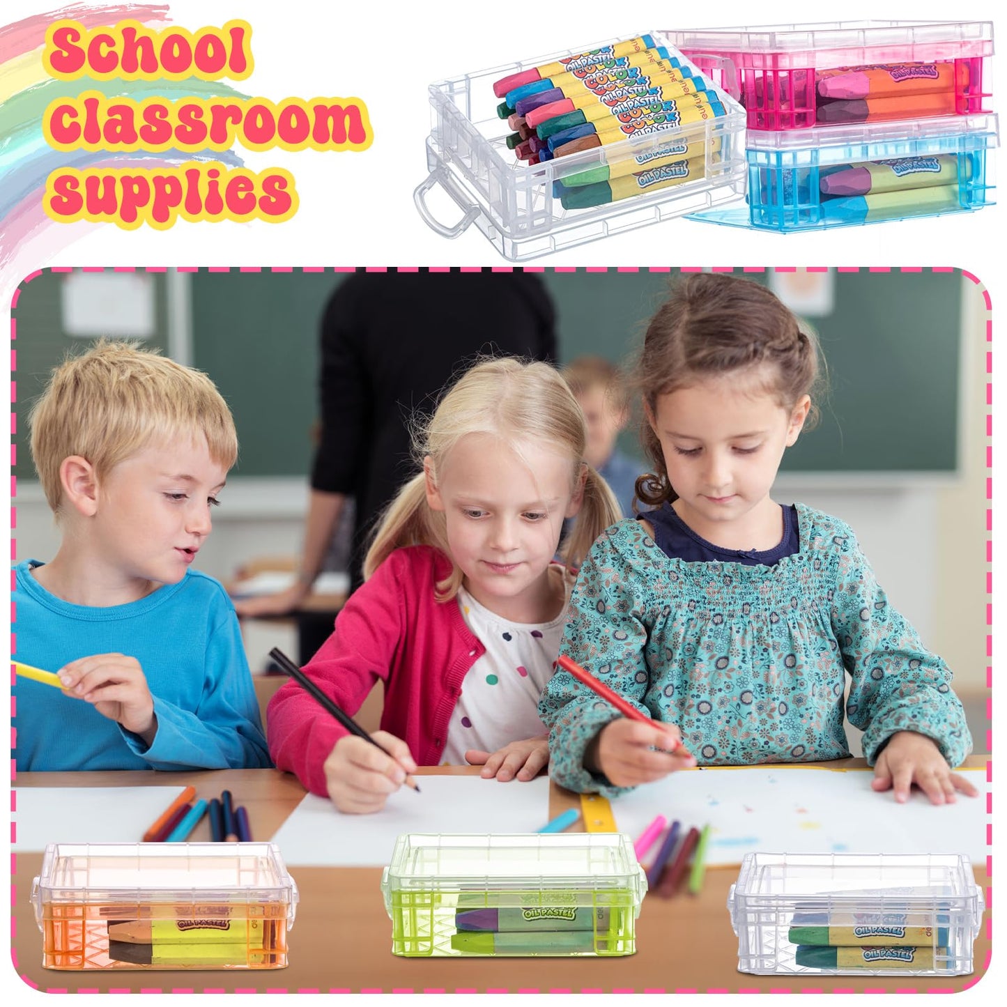 Suzile 32 Pcs Plastic Crayon Box with Snap Lids Bulk Stackable Crayon Storage Box Pen Pencil Container for Organizer Craft School Classroom Office Supply (Clear, Red, Blue, Green, Orange)
