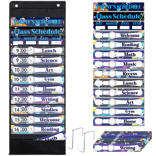 Sunnymove Daily Schedule Pocket Chart For Classroom Decor With 13+1 Pockets And 42 Designed Schedule Cards, Teacher Supplies For Preschool Classroom Home Office Back To School Decorations(Starry sky)