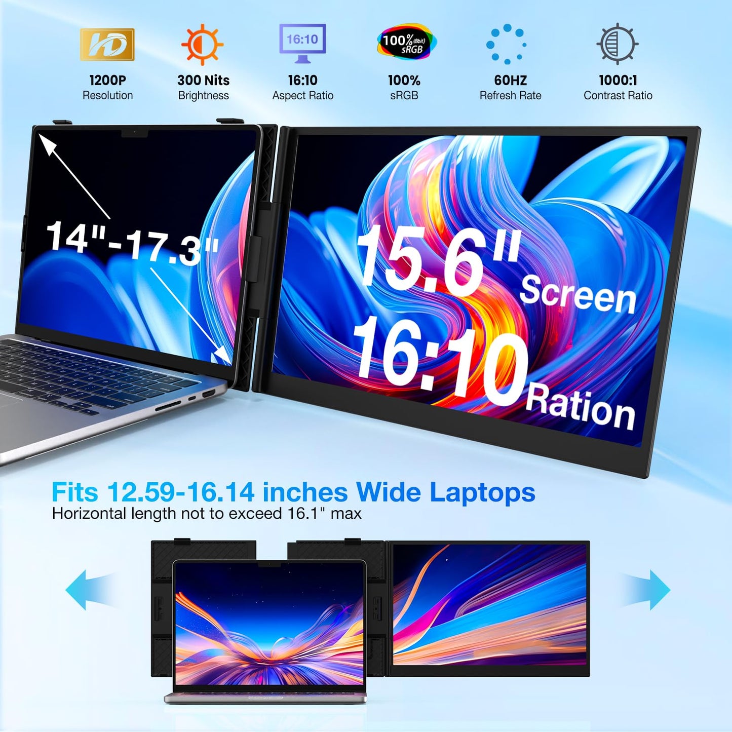 Laptop Screen Extender, Ultra-Thin 15.6" FHD 1200P 16:10 Portable Monitor for Laptop, Lightweight Dual Monitor Extender Plug & Play for 14.2"-17.3" Laptops, Compatible with Wins/Mac/Chrome/Linux
