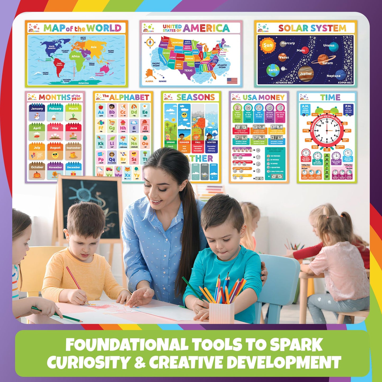 Sproutbrite 12 Pack 11" x 17" Academic Foundation - Educational Posters & Charts for Classroom - Covers Geography, the Solar System, time, Alphabet Recognition, 2D Shapes and More
