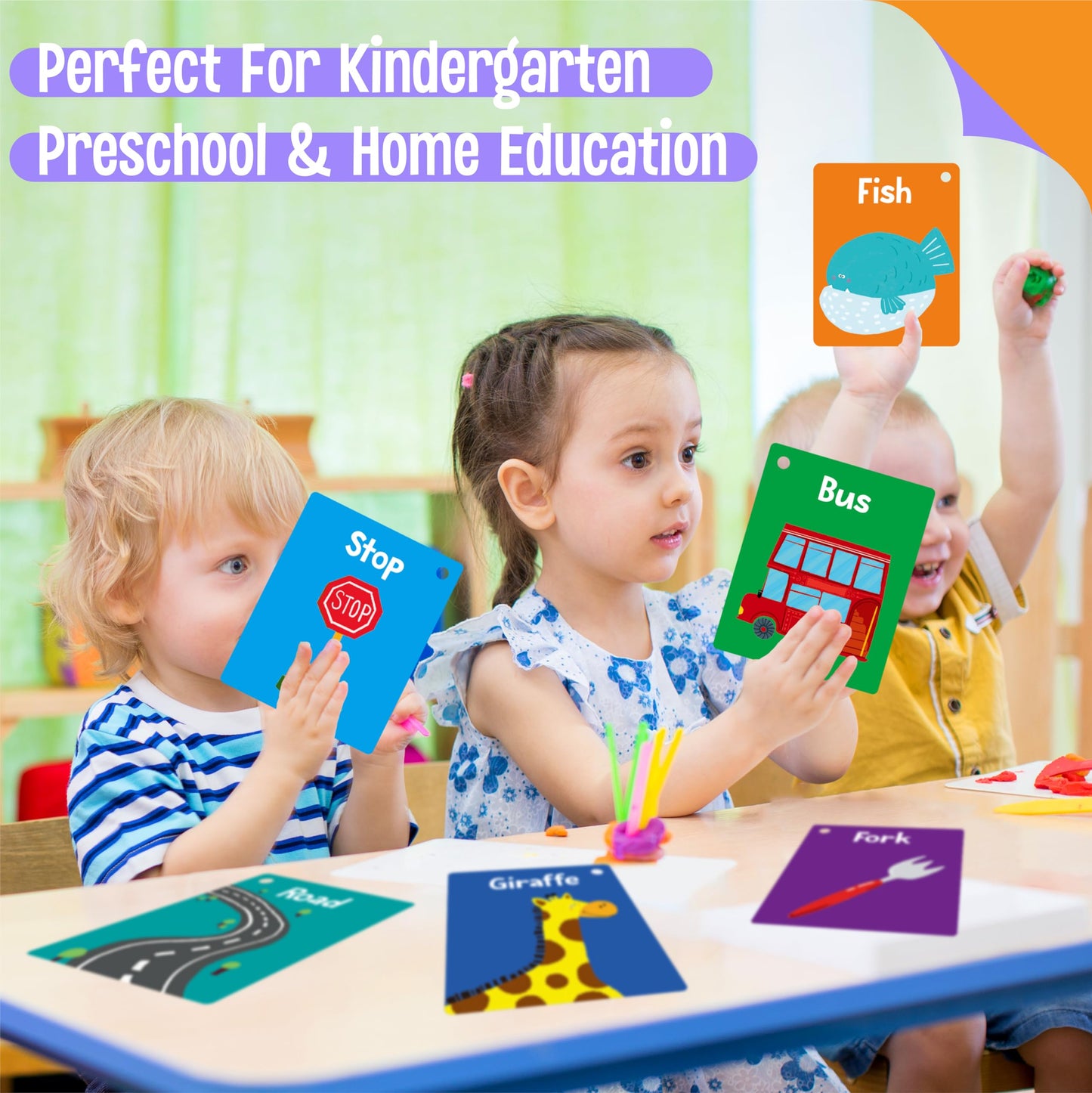 50 PCS First Word Flashcards, Double Sided Learning Cards Alphabet, Foods, Animals, Shapes, Colors, Vehicle, Body Parts with 2 Reclosable Rings, Learning Tool for Pre-K Kindergarten Toddlers