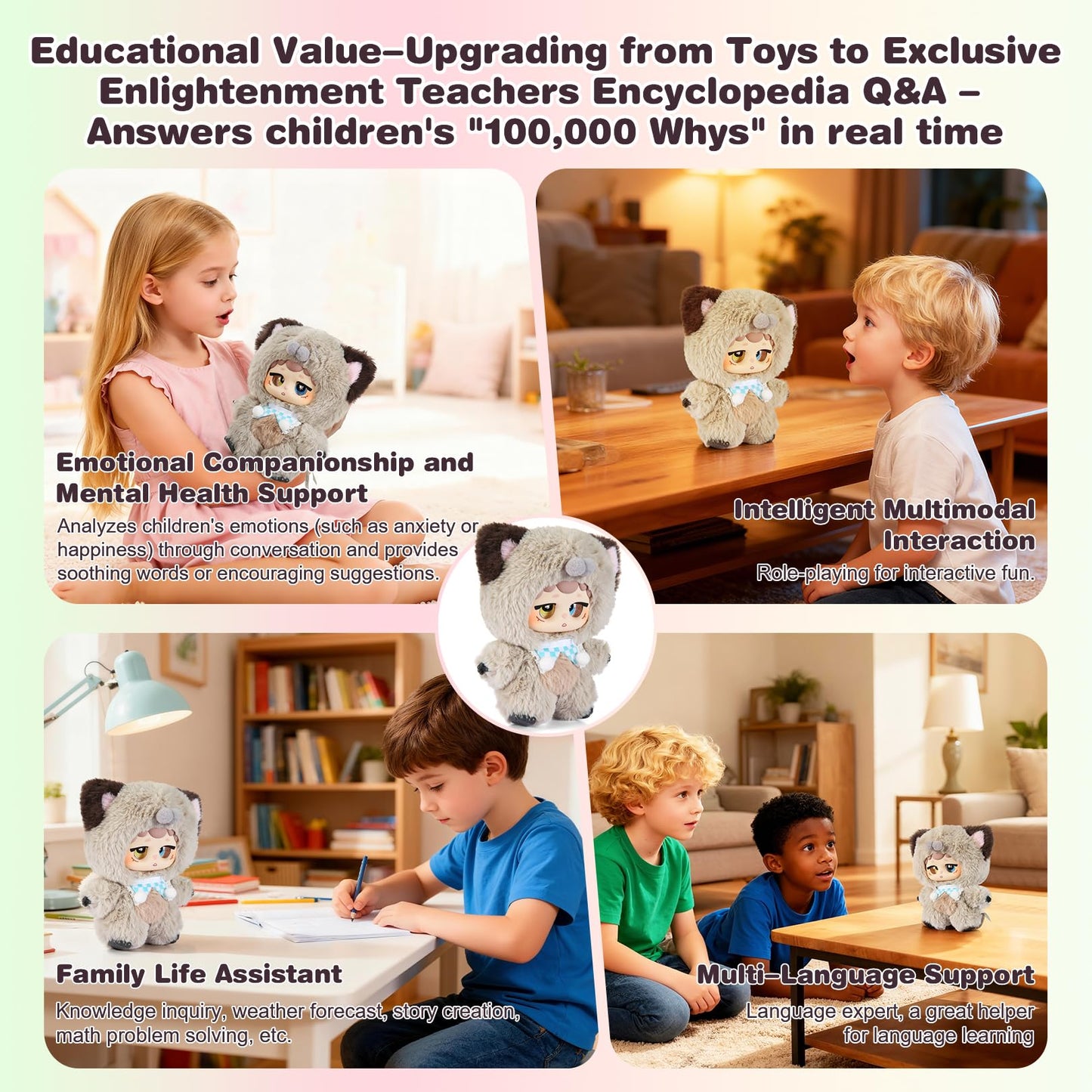 𝐀𝐈-𝐩𝐨𝐰𝐞𝐫𝐞𝐝 Plush Interactive Toy with Multiple Languages Switchable, Mini Communicatible Companion Bauble, Creative Simulated Rechargeable Doll Plaything for Kids Children Ages 3+ (8" High)