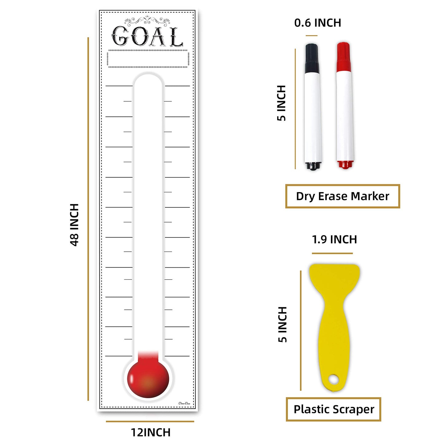 Goal Setting Fundrasing Thermometer - 48"x12" Dry Erase Self-Adhesive Goal Tracker - Poster Charts for Home, School and Office