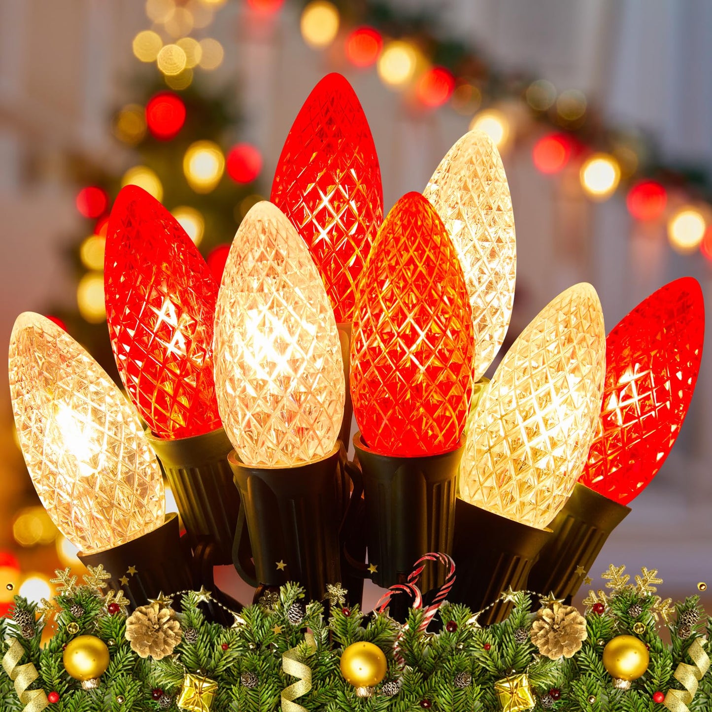 Minetom C9 LED Christmas String Lights - 100 FT, 50 LED, Waterproof, Red and Warm White, UL Certified for Indoor/Outdoor Decor