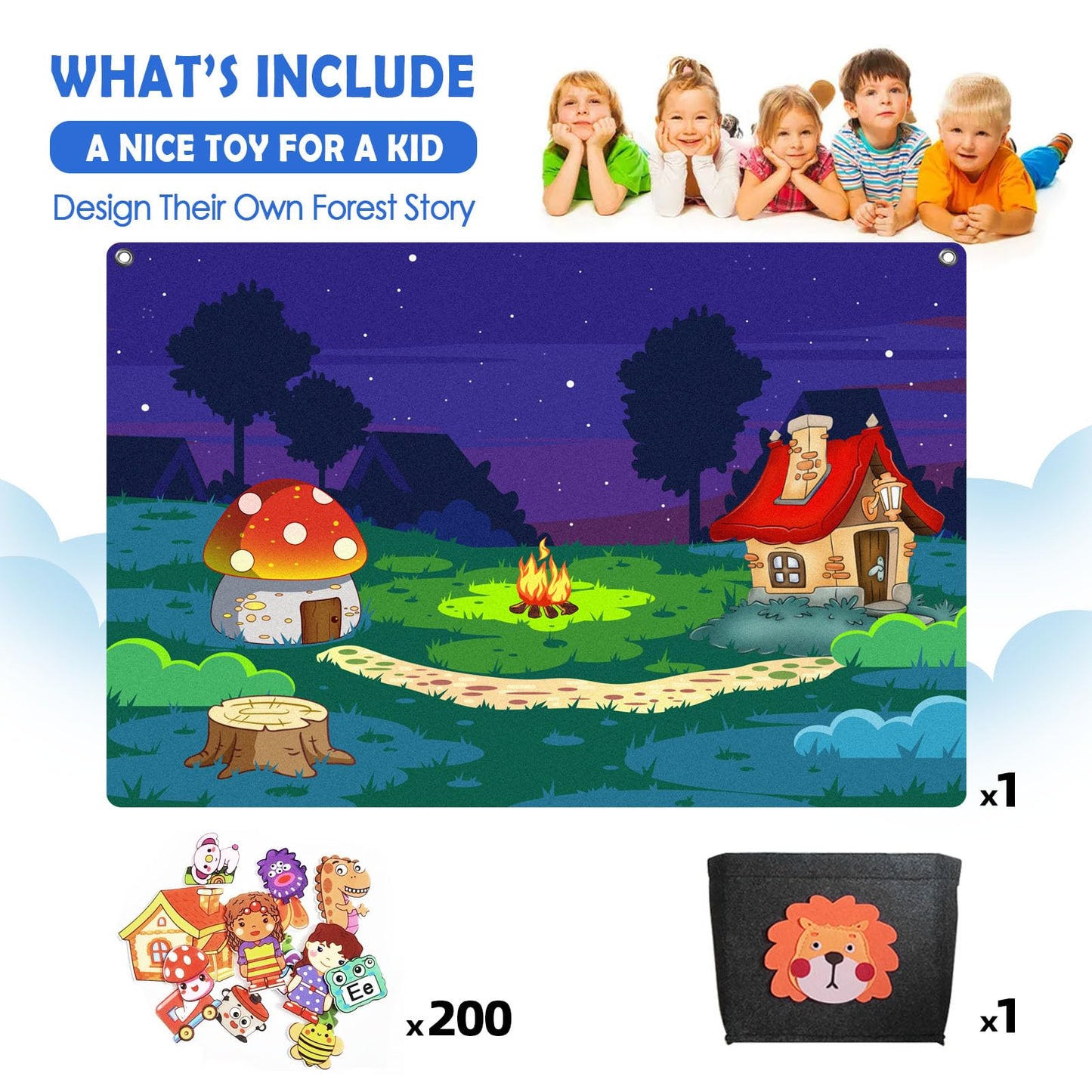 200Pcs Felt Story Board Set with Storage Bag Preschool Teaching Wall Flannel Busy Board Bonfire Party Themed Early Learning Interactive Play Toys Wall Hanging Gift for Toddlers Kids 40 X 28 Inch