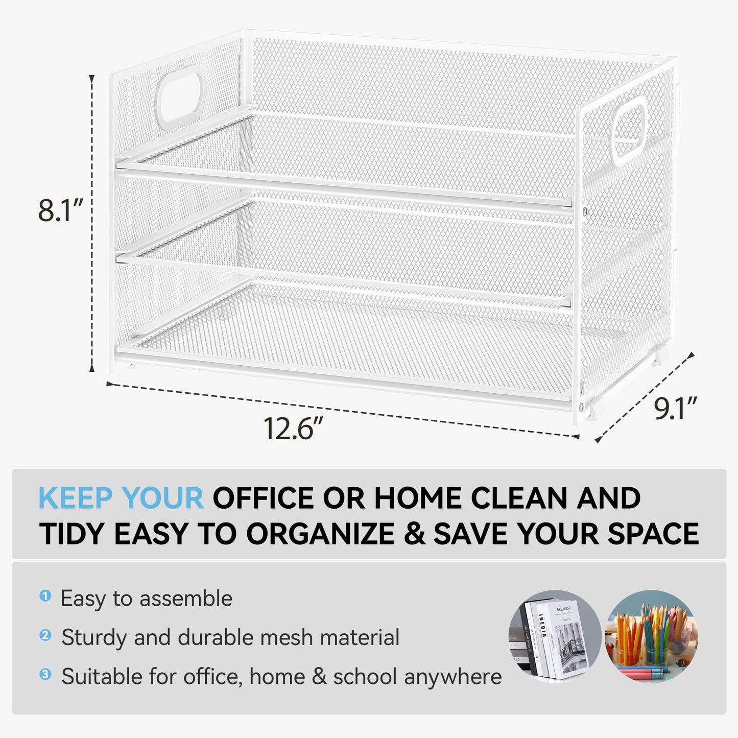 Subekyu 3 Tier Letter Tray Paper Organizer with Handle, 1 PC Sliding Tray, White Metal Mesh Desk File Folder Paper Sorter Organizer for Home Office School Desk Supplies Organization Storage