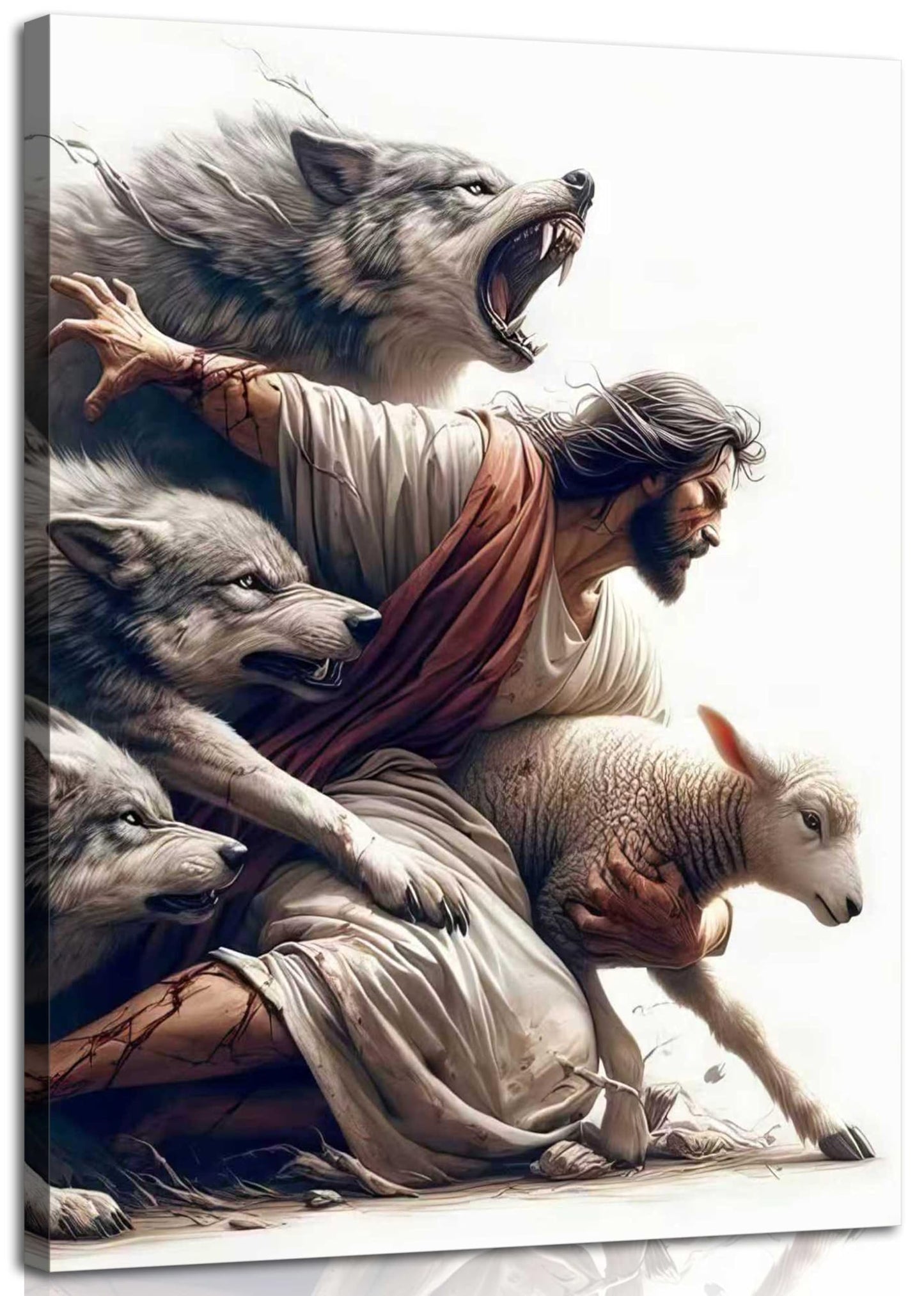 Jesus and Lamb Canvas Wall Art Jesus Protecting Lamb from Wolves Poster Painting Christian Picture Wall Decor Bible Stories Print for Living Room Bedroom Church Decor Framed