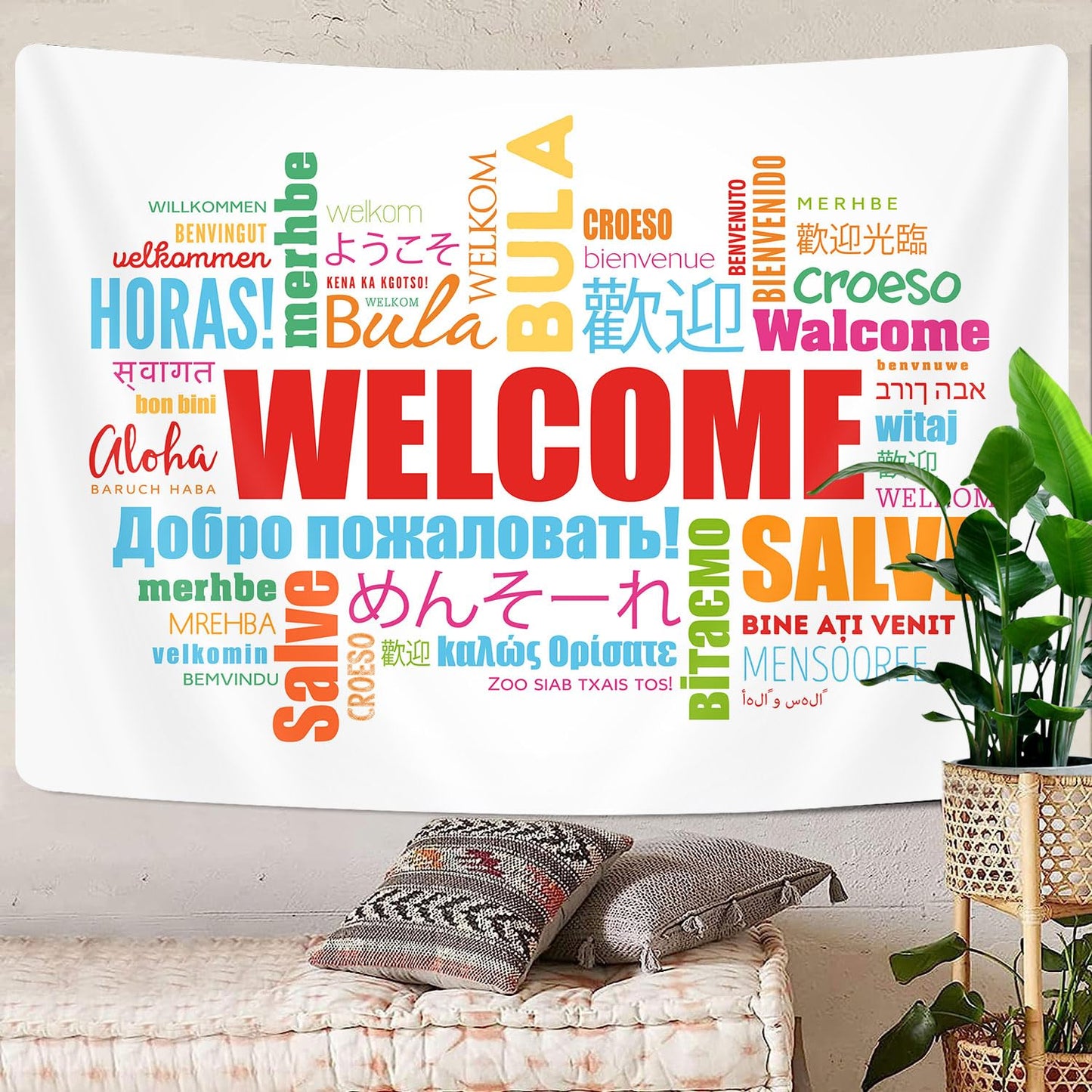 GOAOK Welcome Word in Different Languages Tapestry, Colourful Languages Multilingual Classroom Decor Aesthetic Tapestry Wall Hanging for Student Kids Decor Living Room Bedroom Dorm Playroom 60X40 In